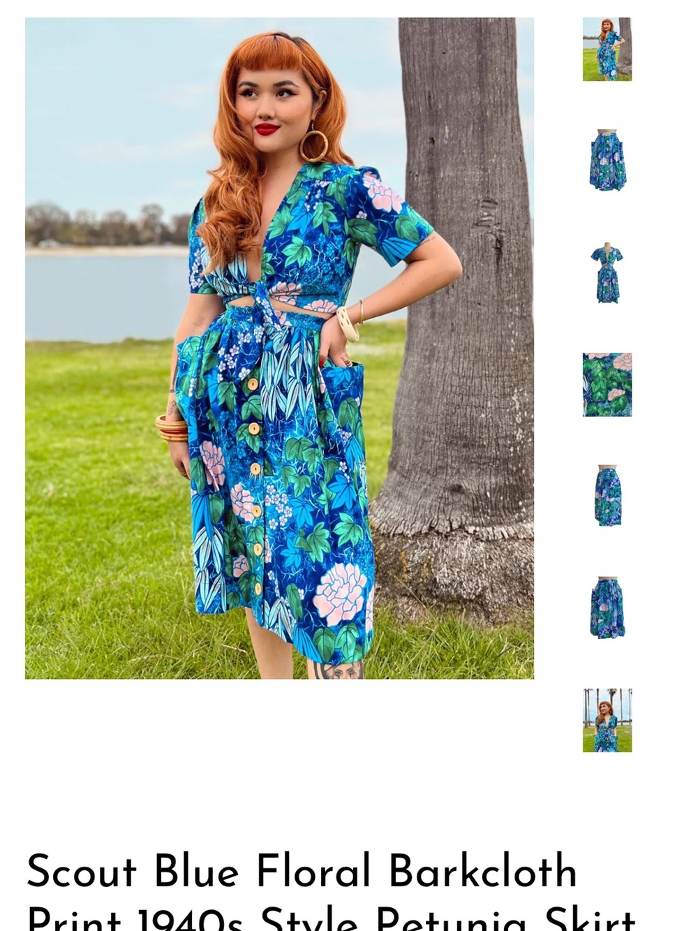 Scout 1940’s inspired blue floral barkcloth midi skirt, pockets, buttons, medium